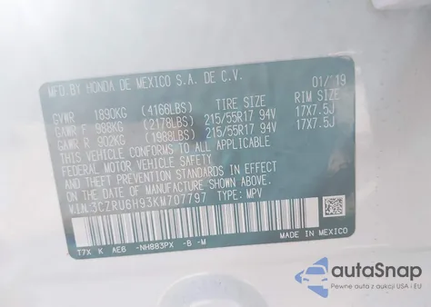 2019 Honda Hr-V Touring z USA, uszkodzony, nr VIN 3CZRU6H93KM707797